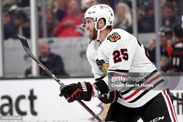 Jarred Tinordi of the Chicago Blackhawks looks on after scoring a goal during the third period of a game against the Anaheim Ducks at Honda Center on...