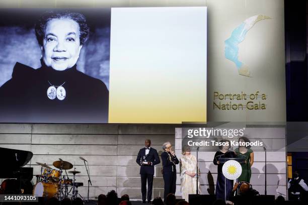 Marian Wright Edelman, Hillary Rodham Clinton, Ellika Edelman and Zoe Edelman speak onstage during the 2022 Portrait Of A Nation Gala on November 12,...