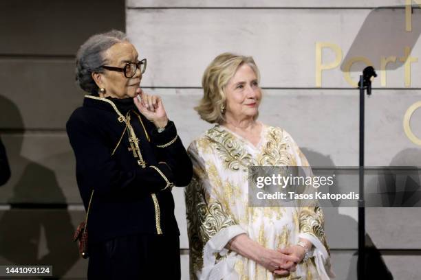 Marian Wright Edelman and Hillary Rodham Clinton speak onstage during the 2022 Portrait Of A Nation Gala on November 12, 2022 in Washington, DC.