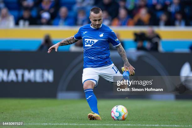 Angelino of Hoffenheim controls the ball during the Bundesliga match between TSG Hoffenheim and VfL Wolfsburg at PreZero-Arena on November 12, 2022...