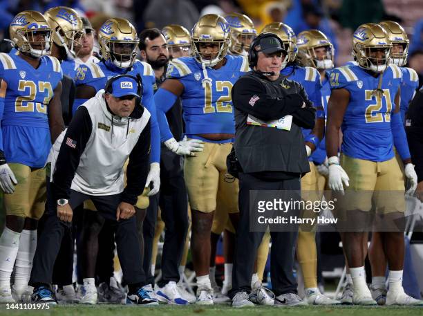 Head coach Chip Kelly of the UCLA Bruins watches from the sidelines during a 31-28 loss to the Arizona Wildcats at Rose Bowl on November 12, 2022 in...