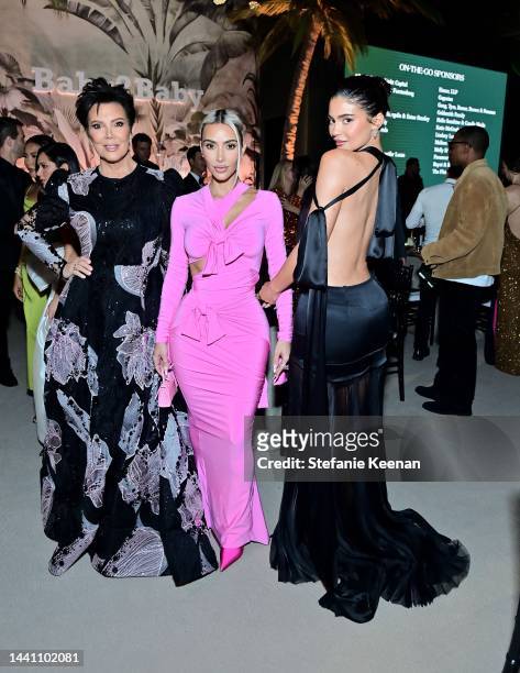 Kris Jenner, honoree Kim Kardashian and Kylie Jenner attend the 2022 Baby2Baby Gala presented by Paul Mitchell at Pacific Design Center on November...