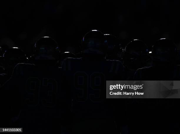 Bruins gather along the sideline during a 31-28 loss to the Arizona Wildcats at Rose Bowl on November 12, 2022 in Pasadena, California.