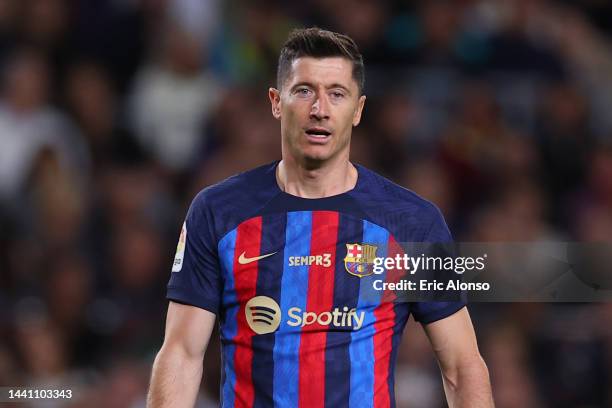 Robert Lewandowski FC Barcelona looks on during the LaLiga Santander match between FC Barcelona and UD Almeria at Spotify Camp Nou on November 05,...