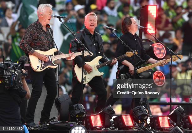 Paul Gildea and Iva Davies of Icehouse perform ahead of the ICC Men's T20 World Cup Final match between Pakistan and England at the Melbourne Cricket...