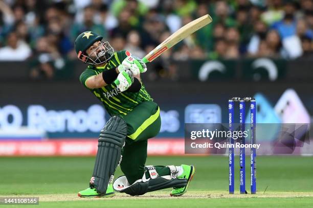 Mohammad Rizwan of Pakistan bats during the ICC Men's T20 World Cup Final match between Pakistan and England at the Melbourne Cricket Ground on...