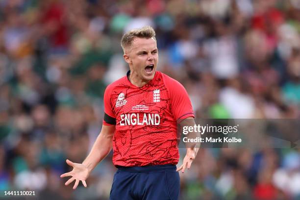 Sam Curran of England celebrates after dismissing Mohammad Rizwan of Pakistan during the ICC Men's T20 World Cup Final match between Pakistan and...