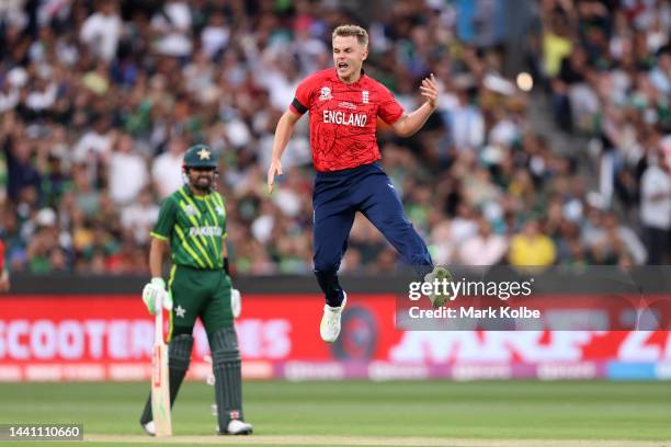 Sam Curran of England celebrates after dismissing Mohammad Rizwan of Pakistan during the ICC Men's T20 World Cup Final match between Pakistan and...