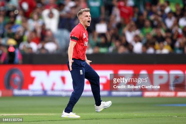 Sam Curran of England celebrates after taking the wicket of Muhammad Rizwan of Pakistan during the ICC Men's T20 World Cup Final match between...