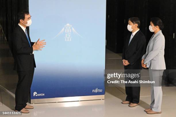 Emperor Naruhito and Empress Masako inspect super computer Fugaku at the RIKEN Center for Computational Science on November 12, 2022 in Kobe, Hyogo,...