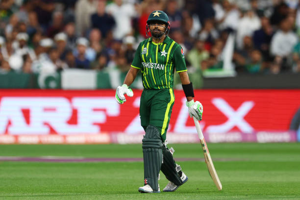 Babar Azam of Pakistan reacts after being dismissed by Adil Rashid of England for 32 runs during the ICC Men's T20 World Cup Final match between...
