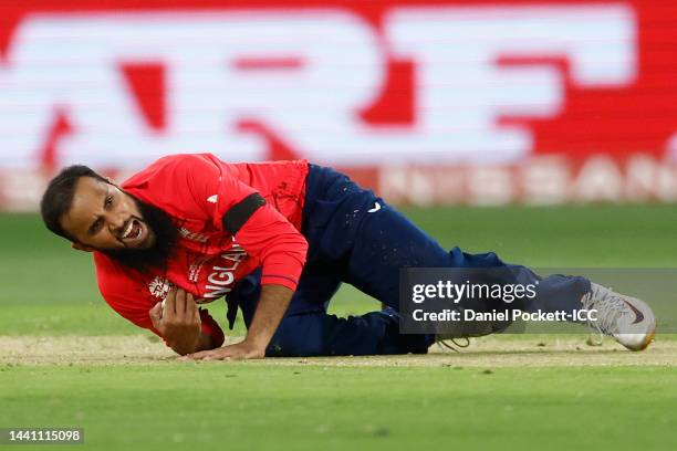 Adil Rashid of England takes a catch to dismiss Babar Azam of Pakistan for 32 runs during the ICC Men's T20 World Cup Final match between Pakistan...