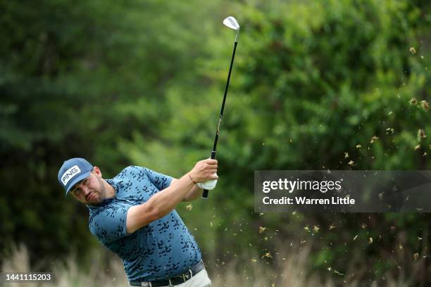 Thriston Lawrence of South Africa plays his second shot from the 6th hole during Day Four of the Nedbank Golf Challenge at Gary Player CC on November...