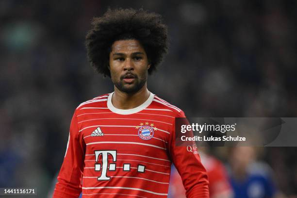 Serge Gnabry of München looks on during the Bundesliga match between FC Schalke 04 and FC Bayern München at Veltins-Arena on November 12, 2022 in...