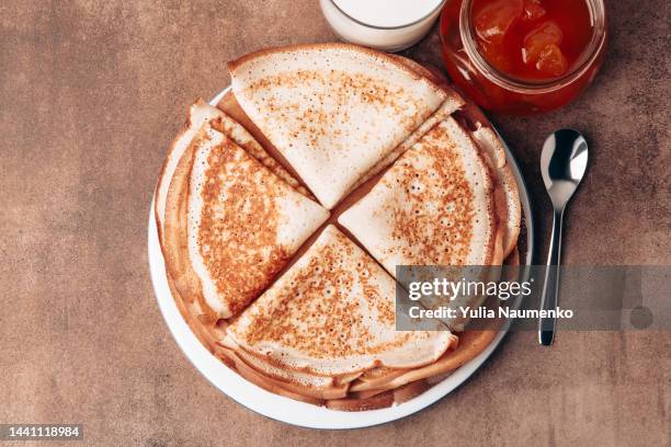 french pancakes, plate of delicious pancakes. - crepe textile stock-fotos und bilder