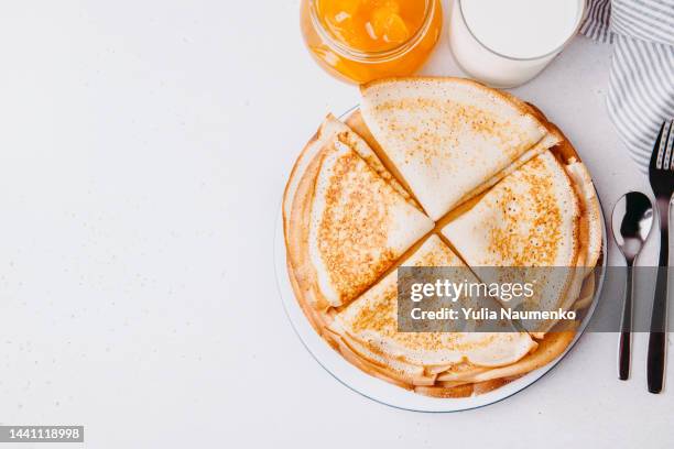 french pancakes, plate of delicious pancakes. - crepe textile stock-fotos und bilder