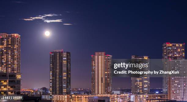 night aerial view of tokyo with moon, japan. - maanlicht stockfoto's en -beelden