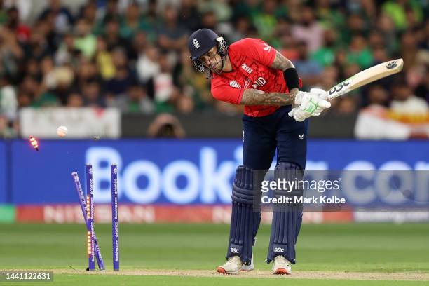 Alex Hales of England is bowled out by Shaheen Shah Afridi of Pakistan during the ICC Men's T20 World Cup Final match between Pakistan and England at...