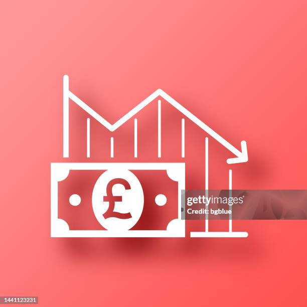 declining graph with pound banknote. icon on red background with shadow - pound notes falling stock illustrations
