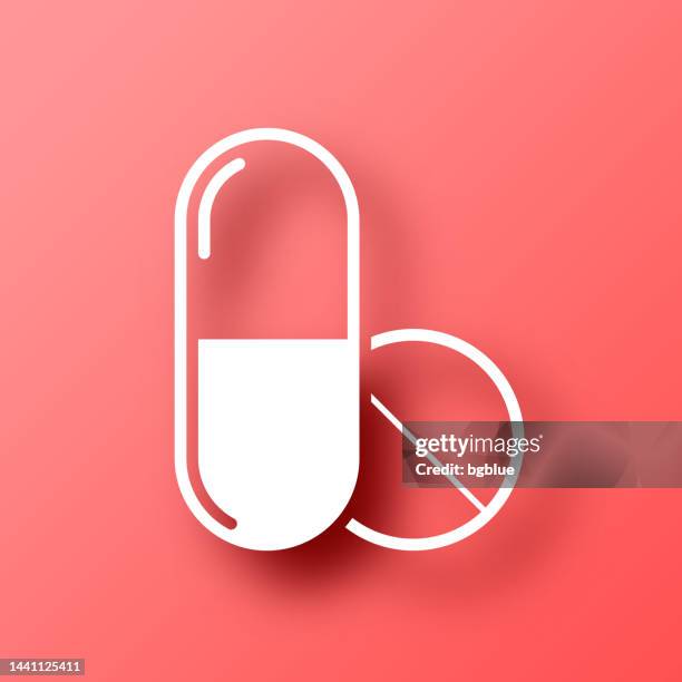 pillen - medikamente. symbol auf rotem hintergrund mit schatten - e health stock-grafiken, -clipart, -cartoons und -symbole