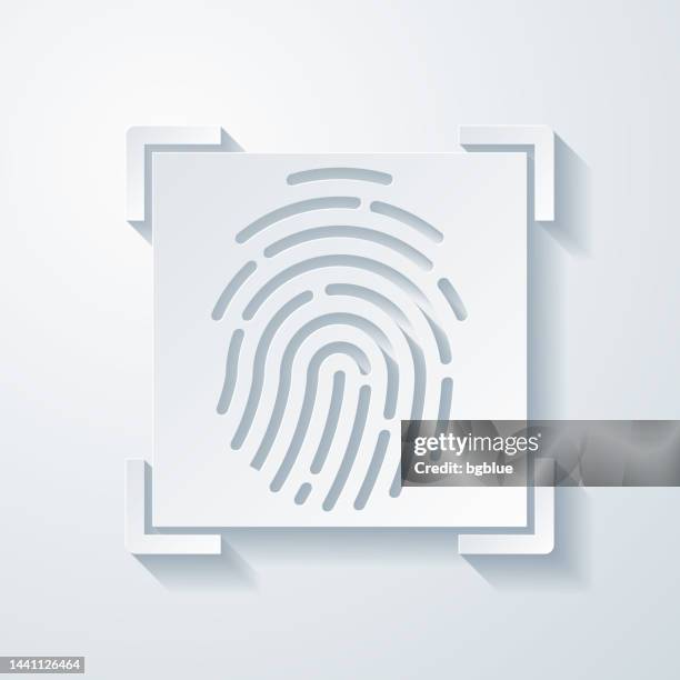 fingerprint scanner. icon with paper cut effect on blank background - papers scanning to digital vector stock illustrations