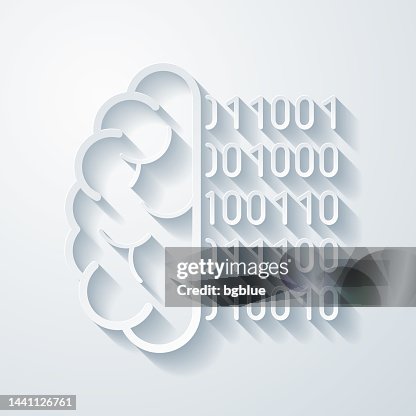 Brain with binary code. Icon with paper cut effect on blank background Brain with binary code. Icon with paper cut effect on blank background