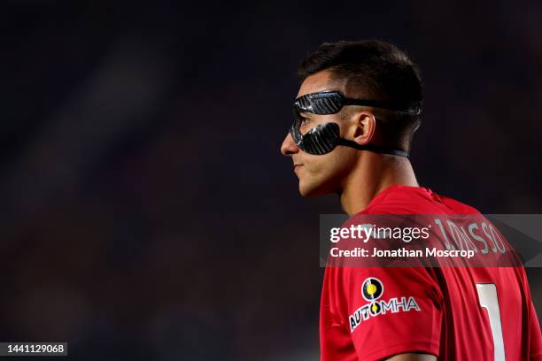 Juan Musso of Atalanta wearing a protective carbon fibre face mask looks on during the Serie A match between Atalanta BC and SSC Napoli at Gewiss...