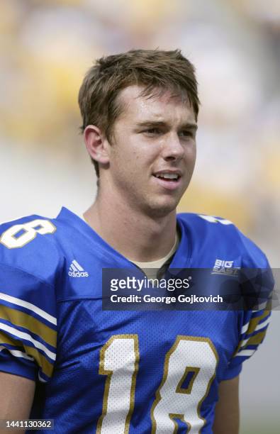 Punter Adam Graessle of the University of Pittsburgh Panthers looks on from the field before a college football game against the Youngstown State...