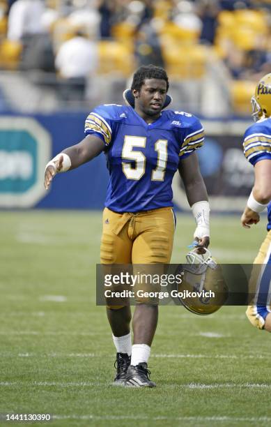Linebacker H.B. Blades of the University of Pittsburgh Panthers looks on from the field during a college football game against the Youngstown State...