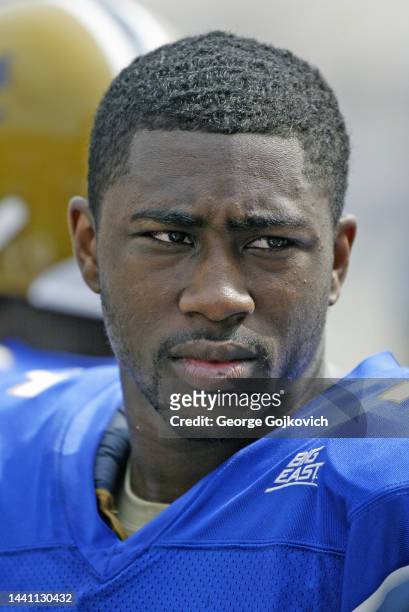 Defensive back Darrelle Revis of the University of Pittsburgh Panthers looks on from the sideline during a college football game against the...
