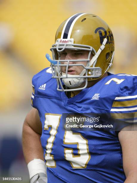 Offensive lineman Mike McGlynn of the University of Pittsburgh Panthers looks on from the field before a college football game against the Youngstown...