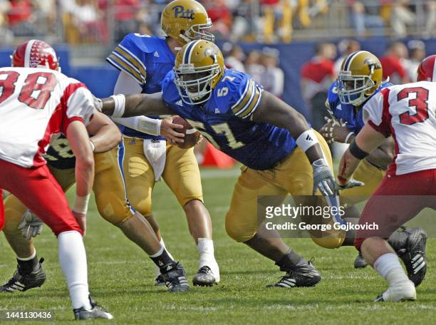Offensive lineman C.J. Davis of the University of Pittsburgh Panthers blocks against the Youngstown State Penguins during a college football game at...