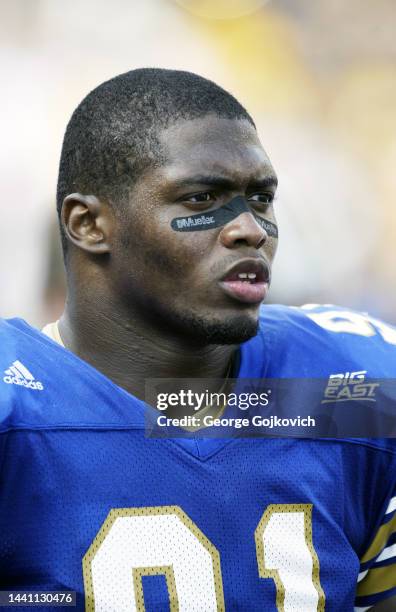 Defensive lineman Phil Tillman of the University of Pittsburgh Panthers looks on from the field before a college football game against the Youngstown...