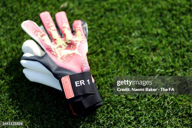 Pair of goalkeeper gloves are seen during a training session at La Finca Resort on November 13, 2022 in Alicante, Spain.