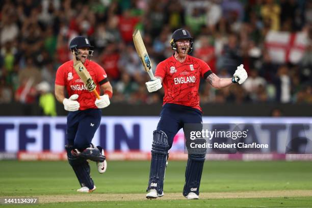 Ben Stokes of England celebrates victory following during the ICC Men's T20 World Cup Final match between Pakistan and England at the Melbourne...