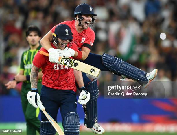 Ben Stokes and Liam Livingstone of England celebrate winning the ICC Men's T20 World Cup Final match between Pakistan and England at the Melbourne...