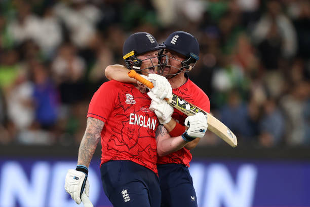Ben Stokes and Liam Livingstone of England celebrate winning the ICC Men's T20 World Cup Final match between Pakistan and England at the Melbourne...