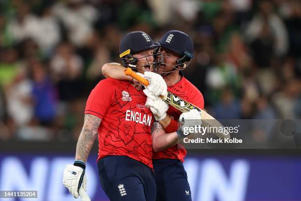 Ben Stokes and Liam Livingstone of England celebrate winning the ICC Men's T20 World Cup Final match between Pakistan and England at the Melbourne...