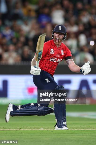 Ben Stokes of England celebrates victory following during the ICC Men's T20 World Cup Final match between Pakistan and England at the Melbourne...