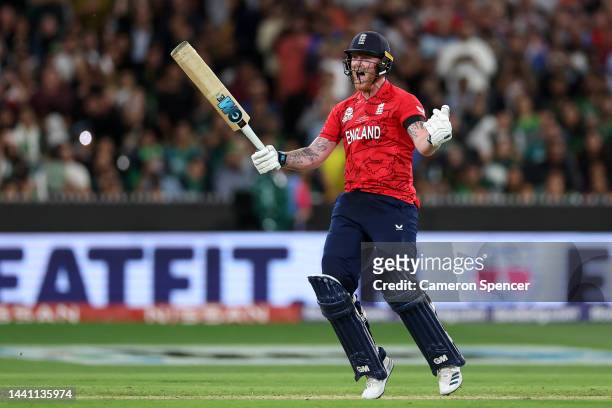 Ben Stokes of England celebrates victory following during the ICC Men's T20 World Cup Final match between Pakistan and England at the Melbourne...
