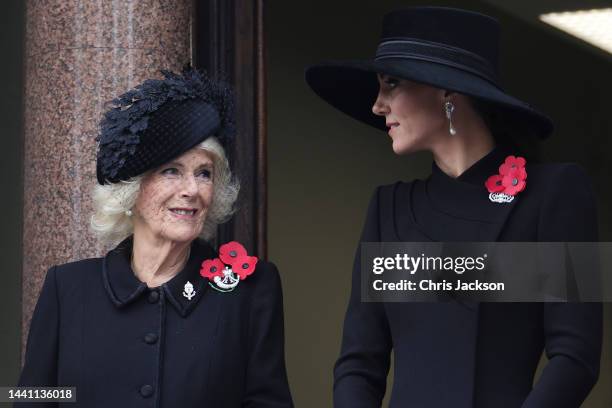 Queen Camilla and Catherine, Princess of Wales attend the National Service Of Remembrance at The Cenotaph on November 13, 2022 in London, England.