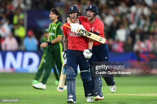 Ben Stokes and Liam Livingstone of England celebrate winning the ICC Men's T20 World Cup Final match between Pakistan and England at the Melbourne...