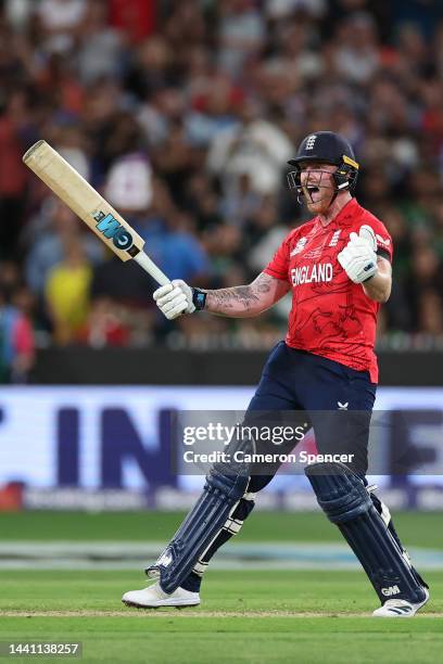 Ben Stokes of England celebrates victory following during the ICC Men's T20 World Cup Final match between Pakistan and England at the Melbourne...