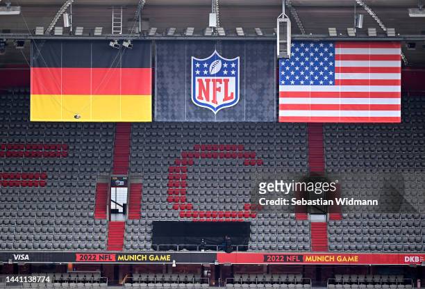 German and United States flags are seen inside the stadium prior to the NFL match between Seattle Seahawks and Tampa Bay Buccaneers at Allianz Arena...