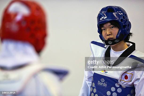 Mayu Hamada of Japan looks on during day two of the 20th Asian Taekwondo Championships at Phu Tho Stadium on May 10, 2012 in Ho Chi Minh City,...