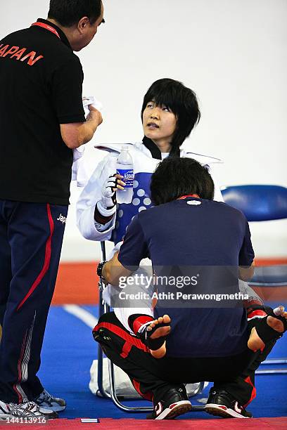 Mayu Hamada of Japan looks on during day two of the 20th Asian Taekwondo Championships at Phu Tho Stadium on May 10, 2012 in Ho Chi Minh City,...