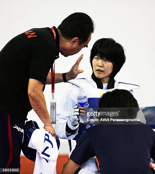 Mayu Hamada of Japan looks on during day two of the 20th Asian Taekwondo Championships at Phu Tho Stadium on May 10, 2012 in Ho Chi Minh City,...