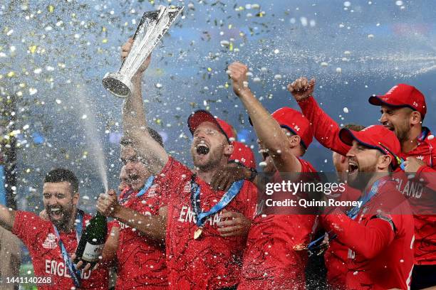 England celebrate with the ICC Men's T20 World Cup Trophy after winning the ICC Men's T20 World Cup Final match between Pakistan and England at the...