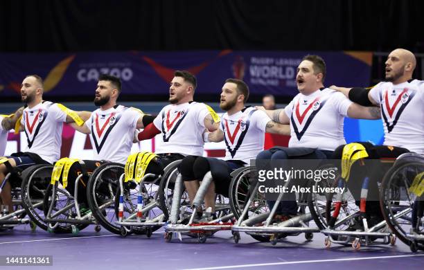 Players of France line up for the National Anthems ahead of the Wheelchair Rugby League World Cup Semi-Final match between France and Australia at...