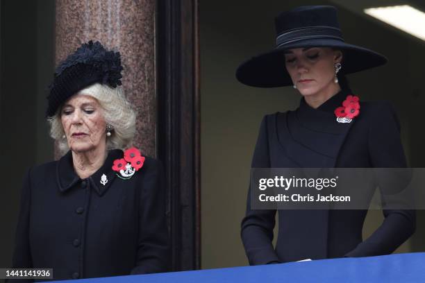 Queen Camilla and Catherine, Princess of Wales attend the National Service Of Remembrance at The Cenotaph on November 13, 2022 in London, England.